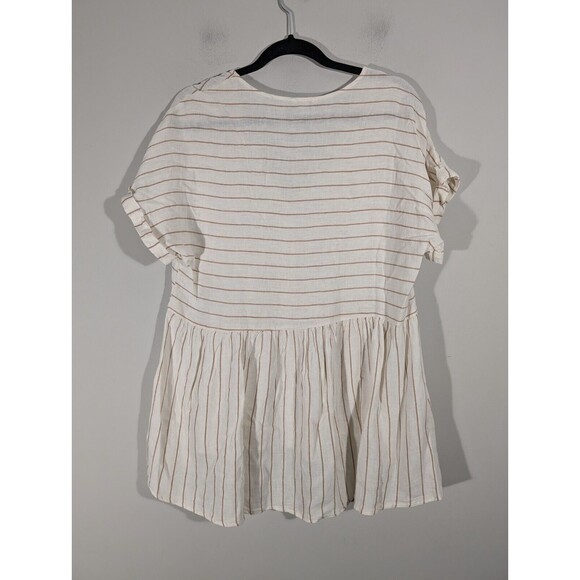 Cato Top Women Sz L Striped Short Sleeve V-Neck Boho Button Down Tunic Lagenlook - Picture 2 of 7